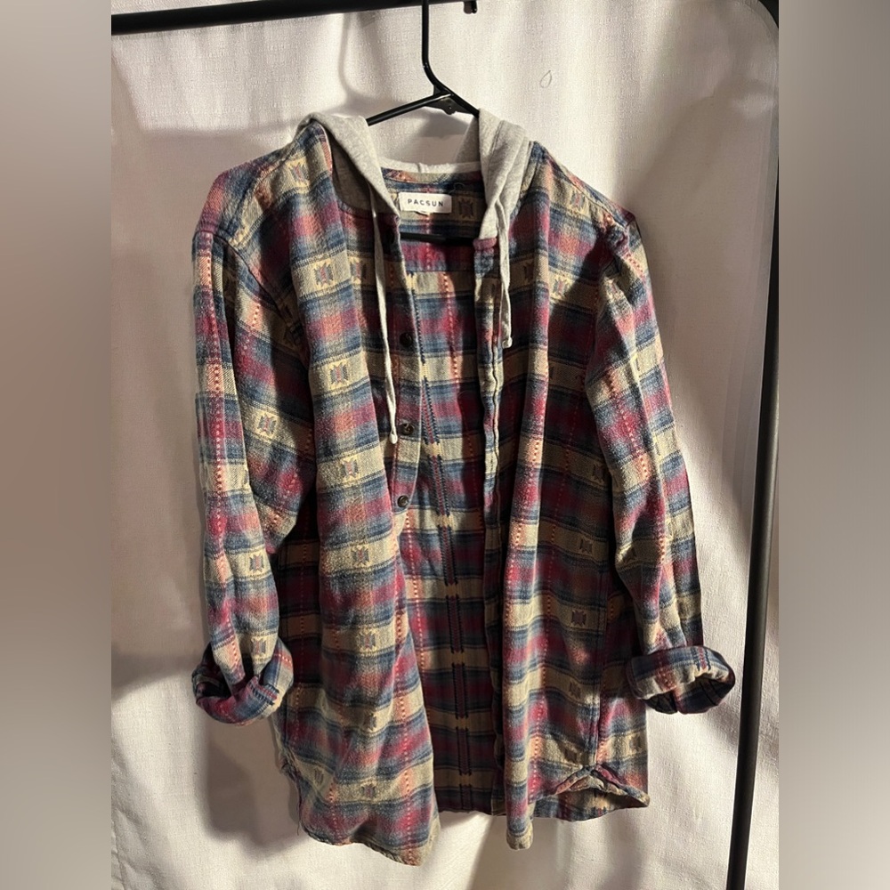 PacSun Medium Hooded Plaid Long Sleeve Shirt - Picture 4 of 4